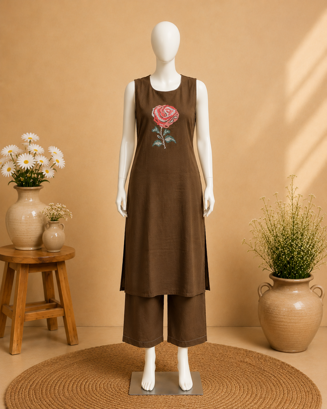 Brown Floral Embroidered Flex Cotton Kurta Set