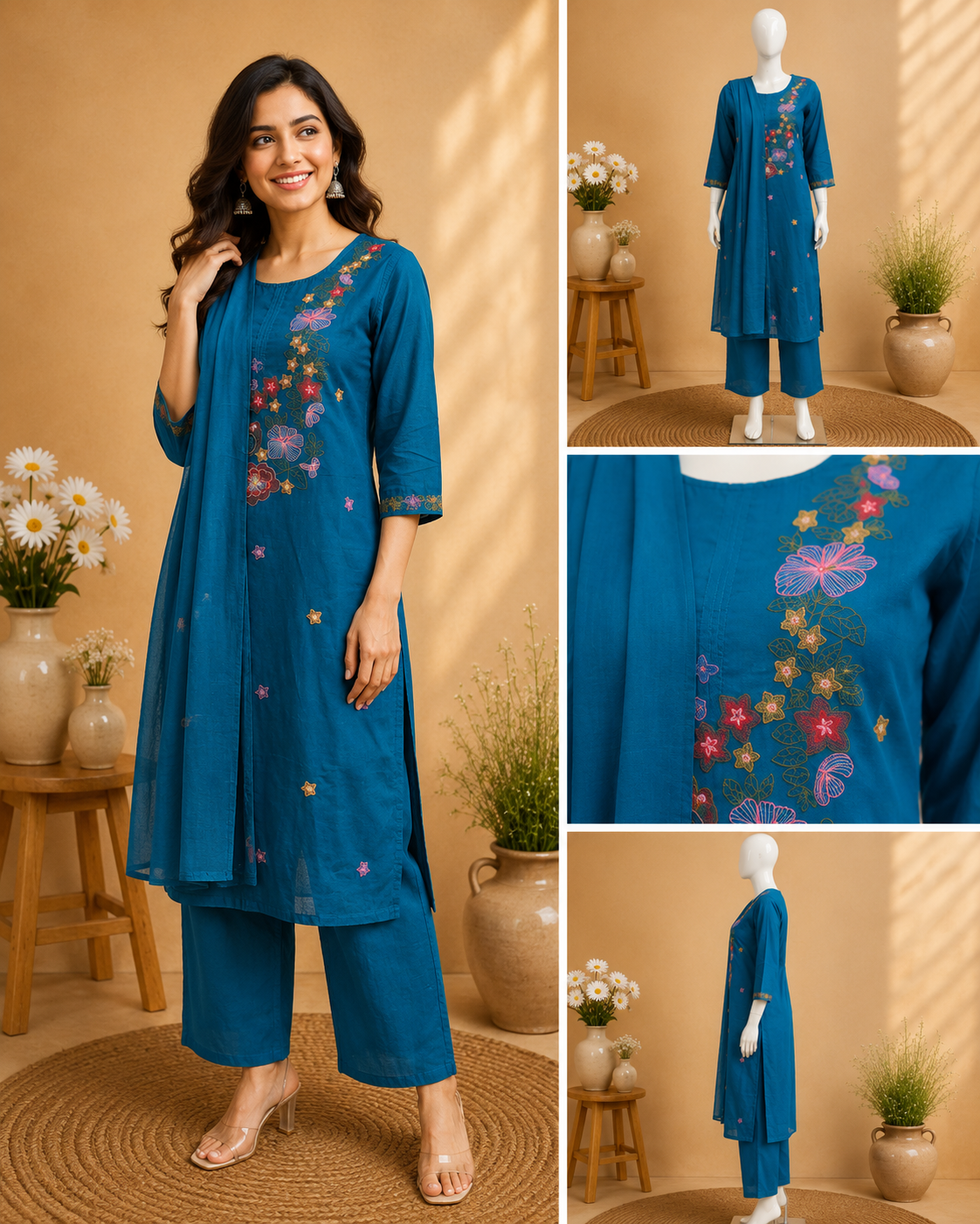 Blue Embroidery Cotton Dupatta Set