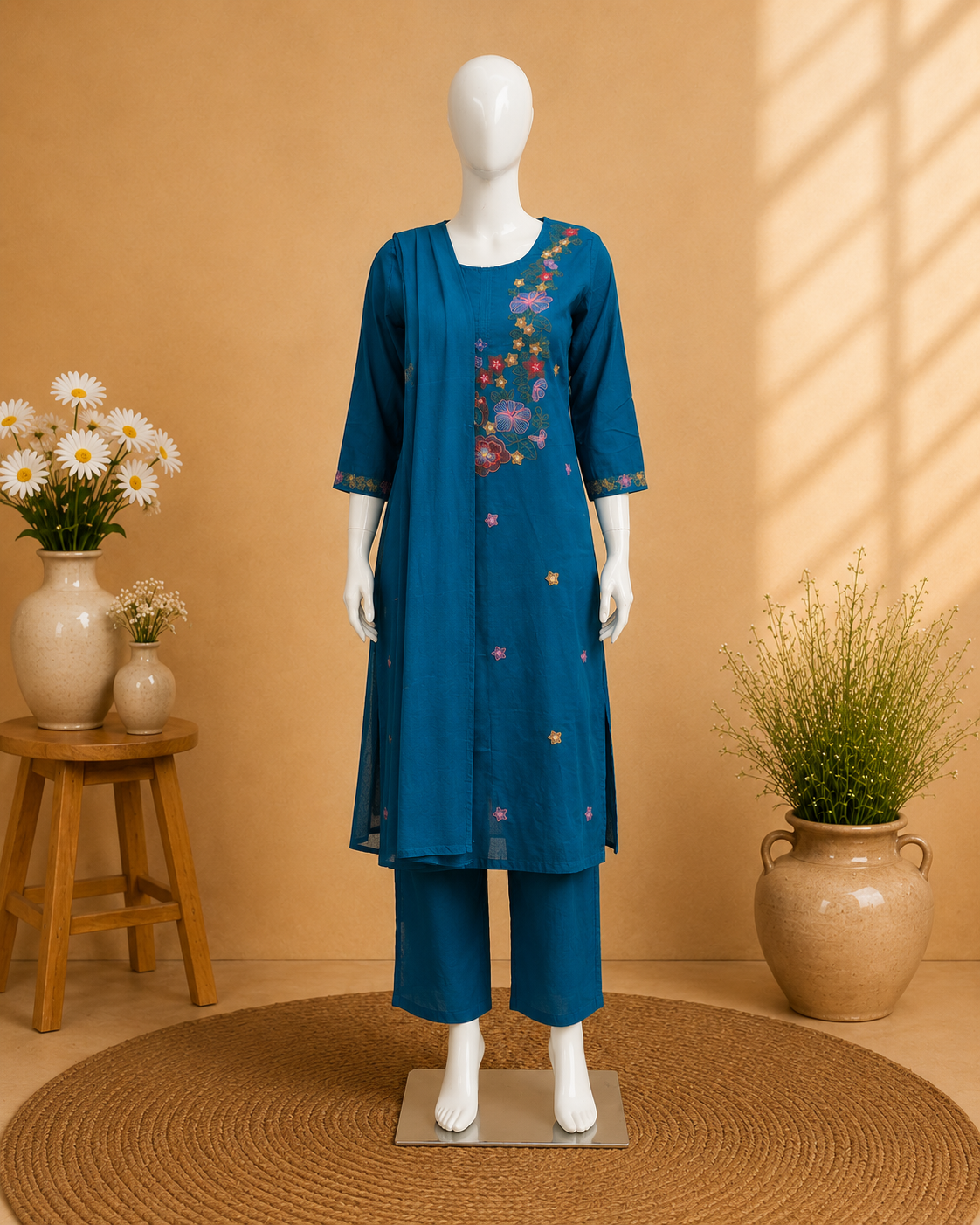 Blue Embroidery Cotton Dupatta Set