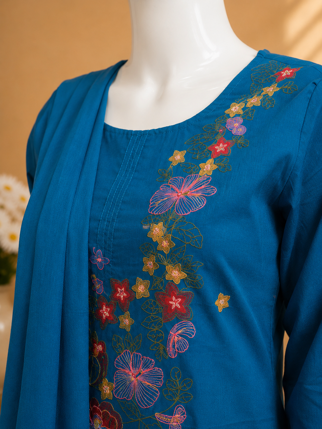 Blue Embroidery Cotton Dupatta Set