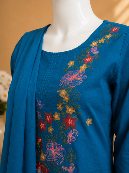Blue Embroidery Cotton Dupatta Set