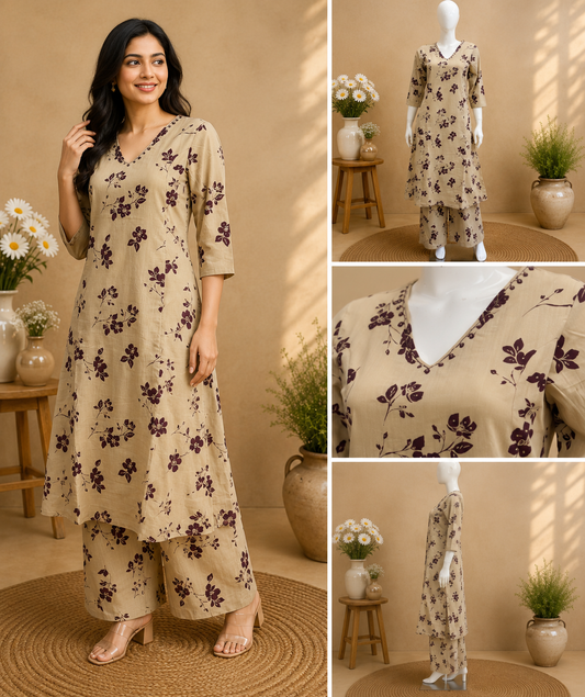 Cotton Beige Top and Pant Set