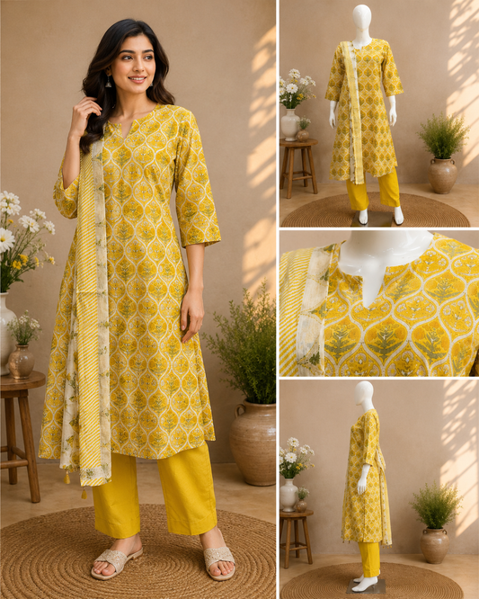 Mustard Yellow Printed Cotton Kurta Set with Dupatta