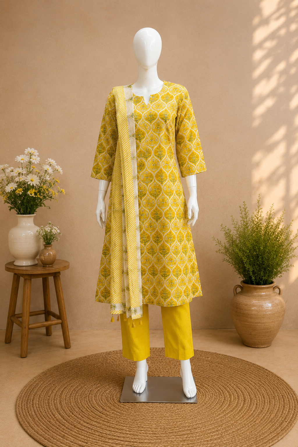 Mustard Yellow Printed Cotton Kurta Set with Dupatta