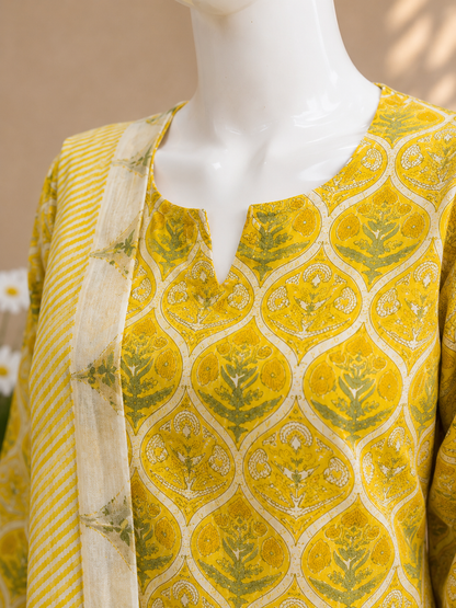 Mustard Yellow Printed Cotton Kurta Set with Dupatta