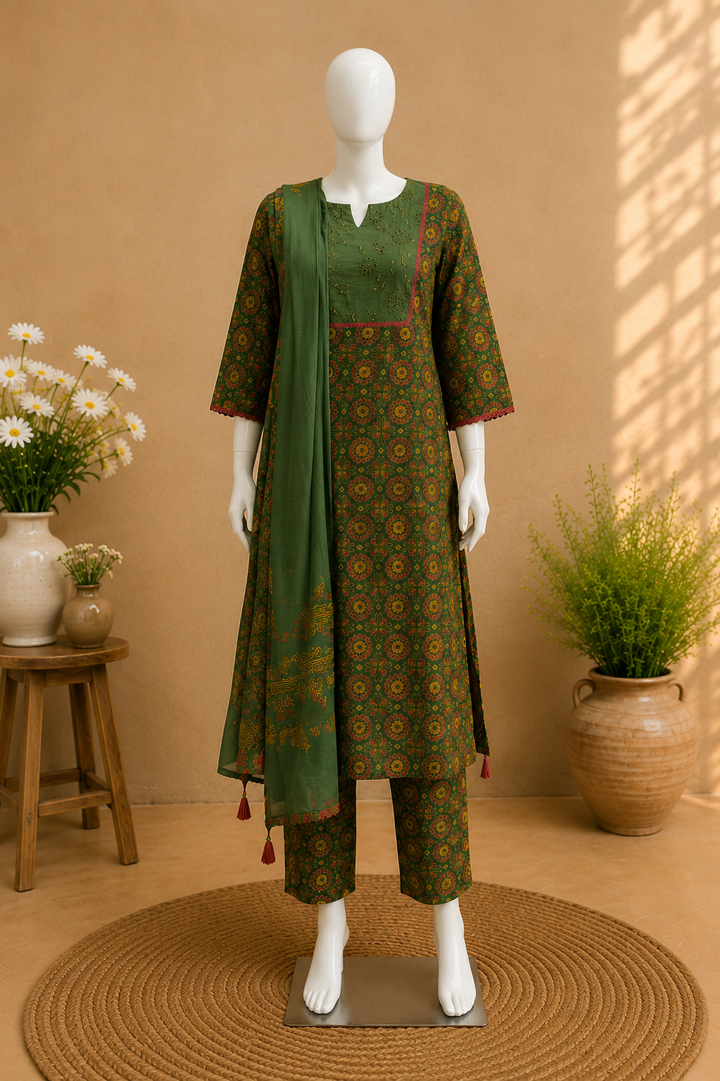 Cotton Mehndi Green Dupatta Set