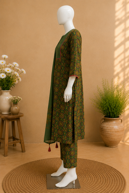 Cotton Mehndi Green Dupatta Set