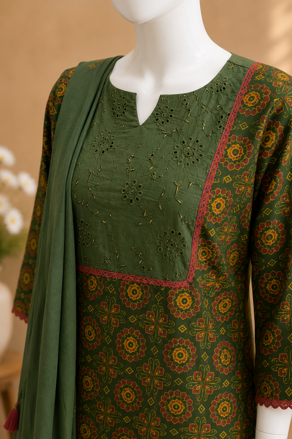 Cotton Mehndi Green Dupatta Set