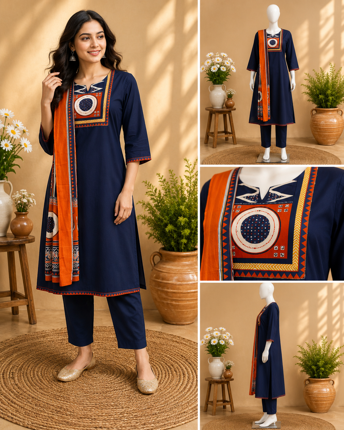 Cotton Navy Blue Dupatta Set