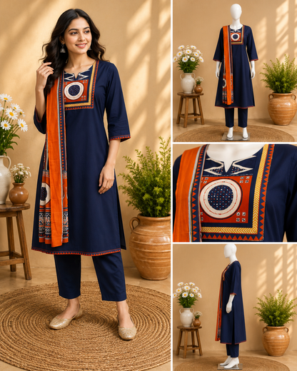 Cotton Navy Blue Dupatta Set