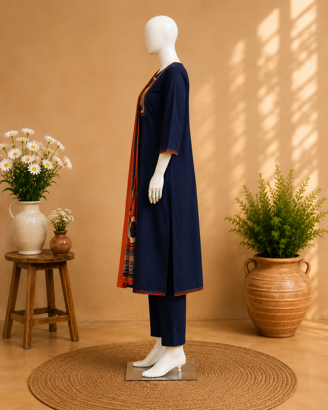 Cotton Navy Blue Dupatta Set
