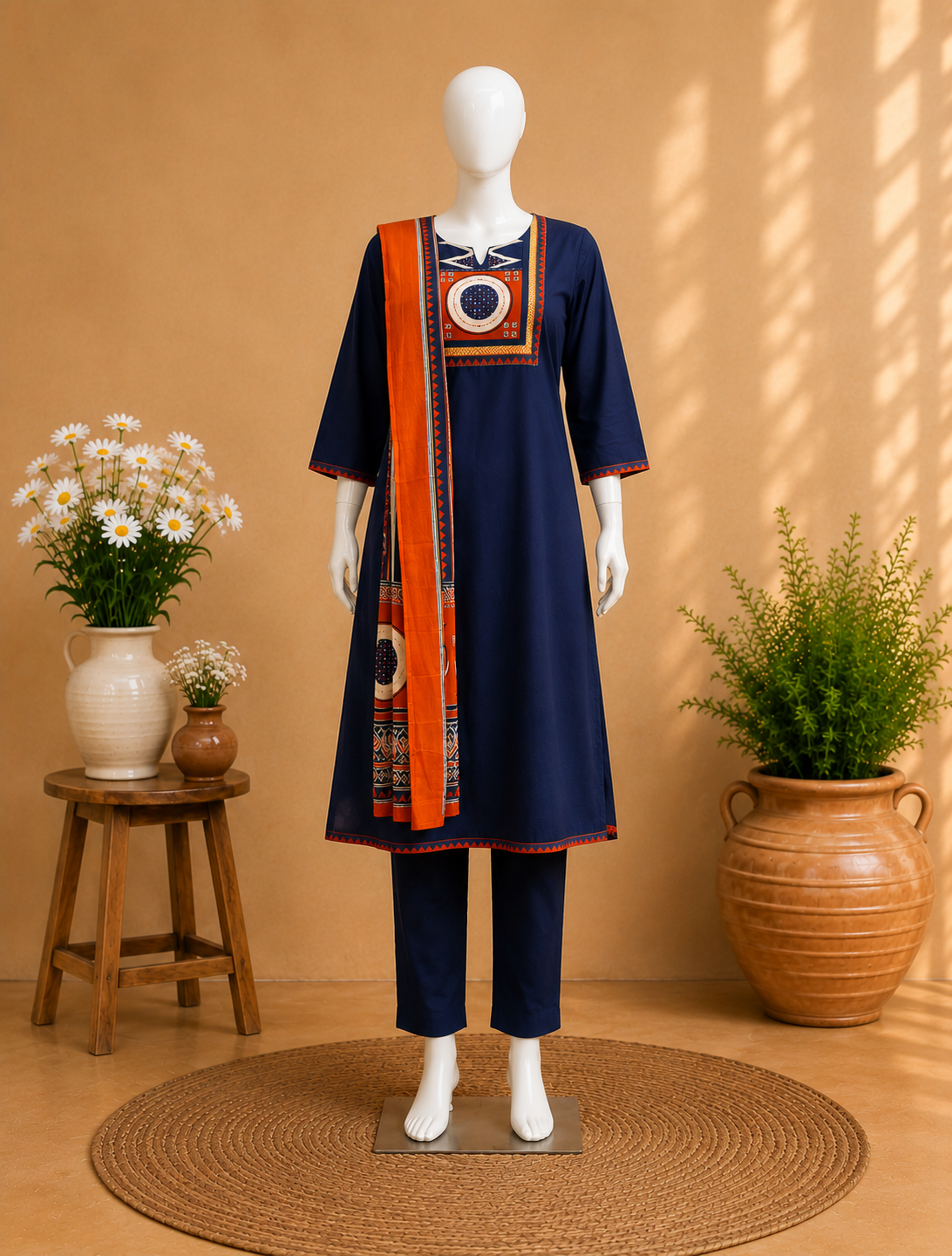 Cotton Navy Blue Dupatta Set