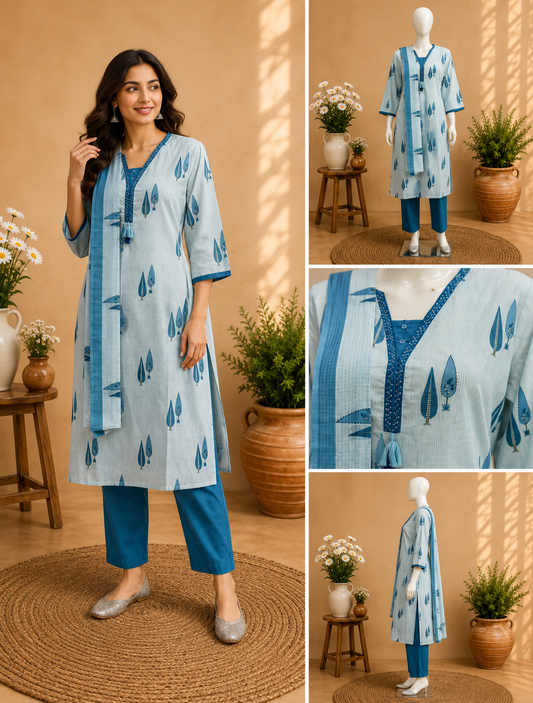 Sky Blue Floral Printed Dupatta Set