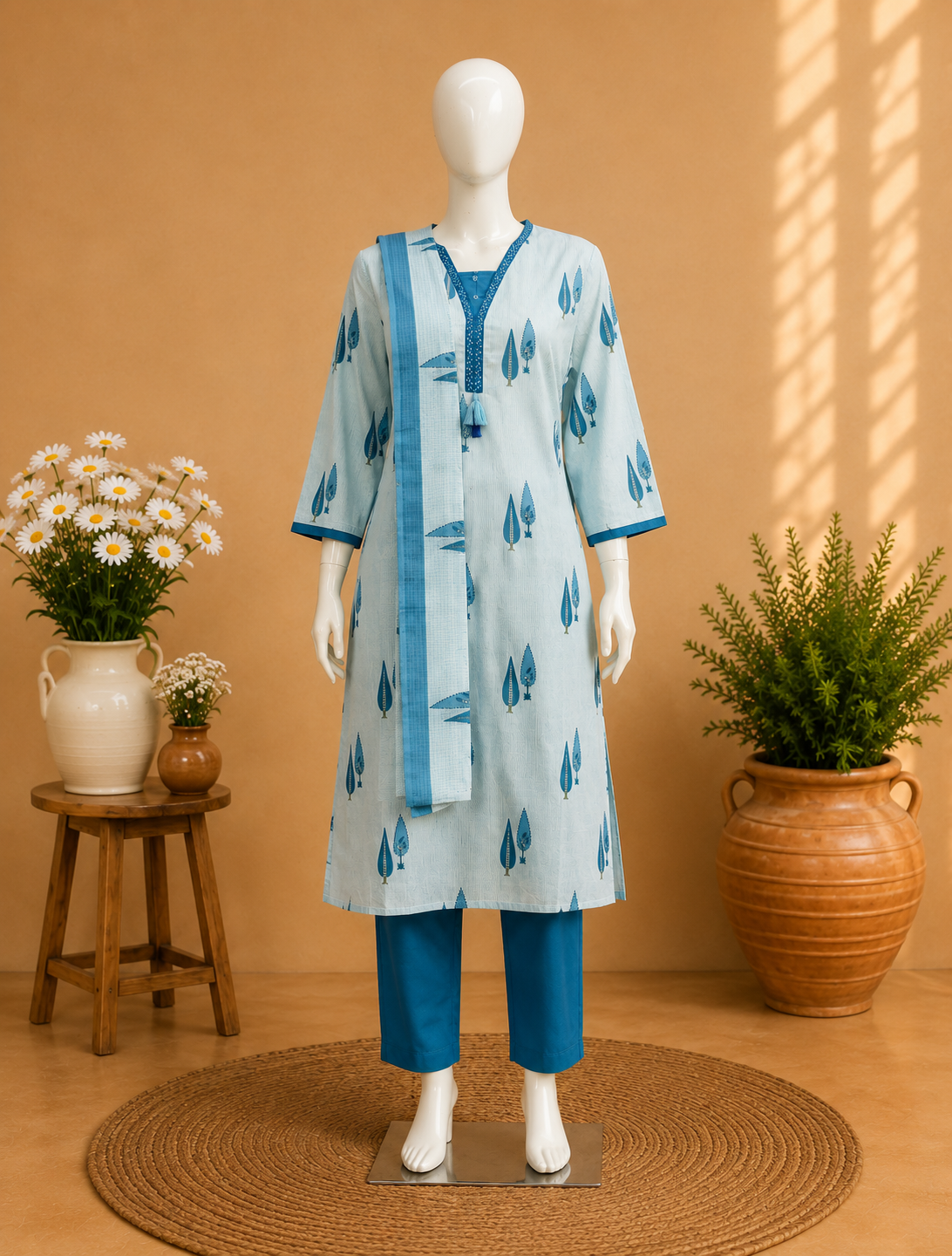 Sky Blue Floral Printed Dupatta Set