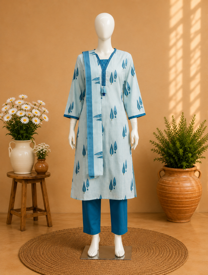 Sky Blue Floral Printed Dupatta Set