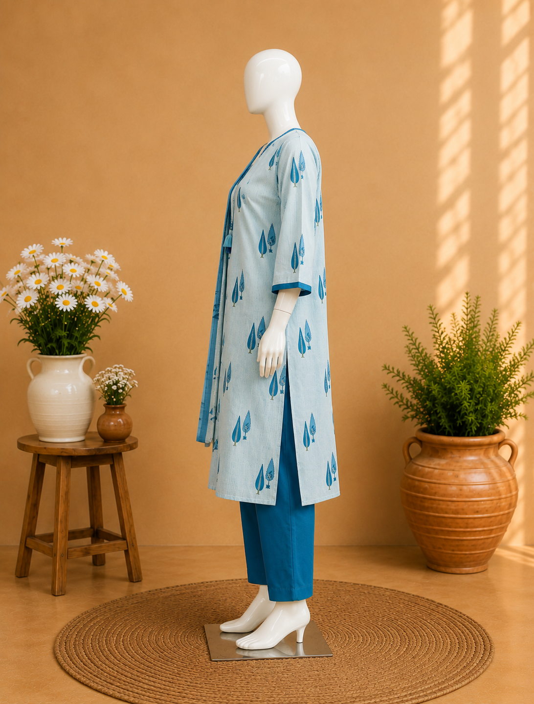 Sky Blue Floral Printed Dupatta Set