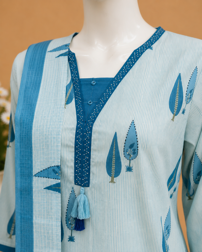 Sky Blue Floral Printed Dupatta Set