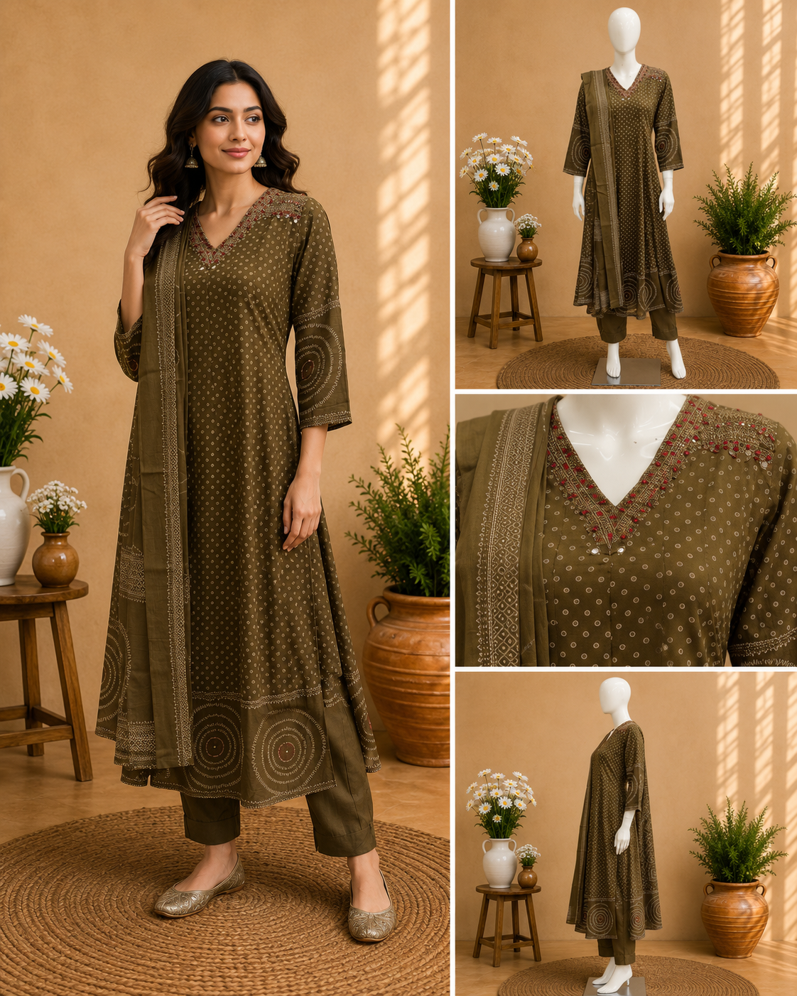 Brown Cotton Anarkali Dupatta Set