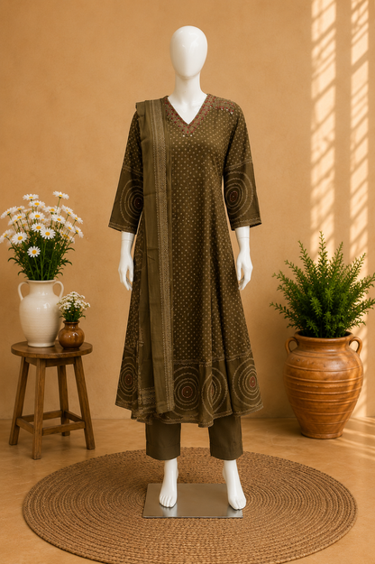 Brown Cotton Anarkali Dupatta Set