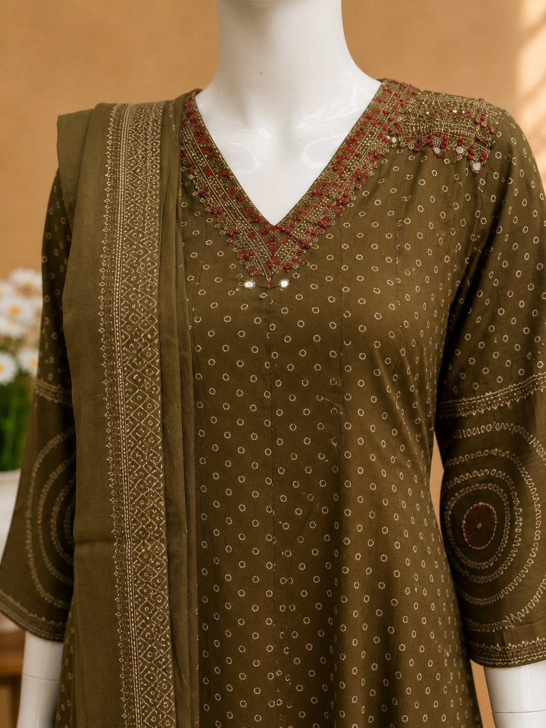 Brown Cotton Anarkali Dupatta Set