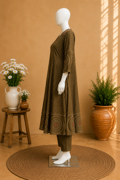 Brown Cotton Anarkali Dupatta Set