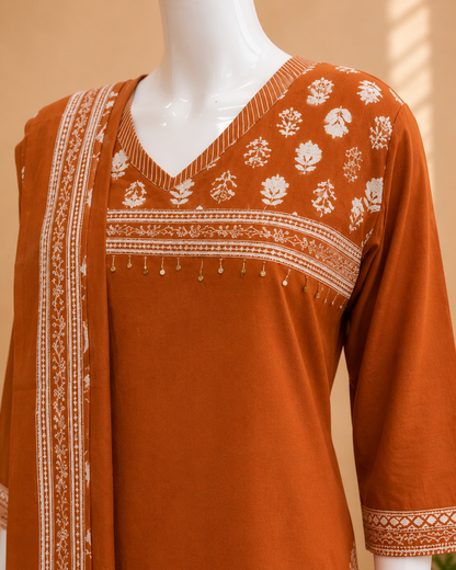 Rust Orange Cotton Dupatta Set