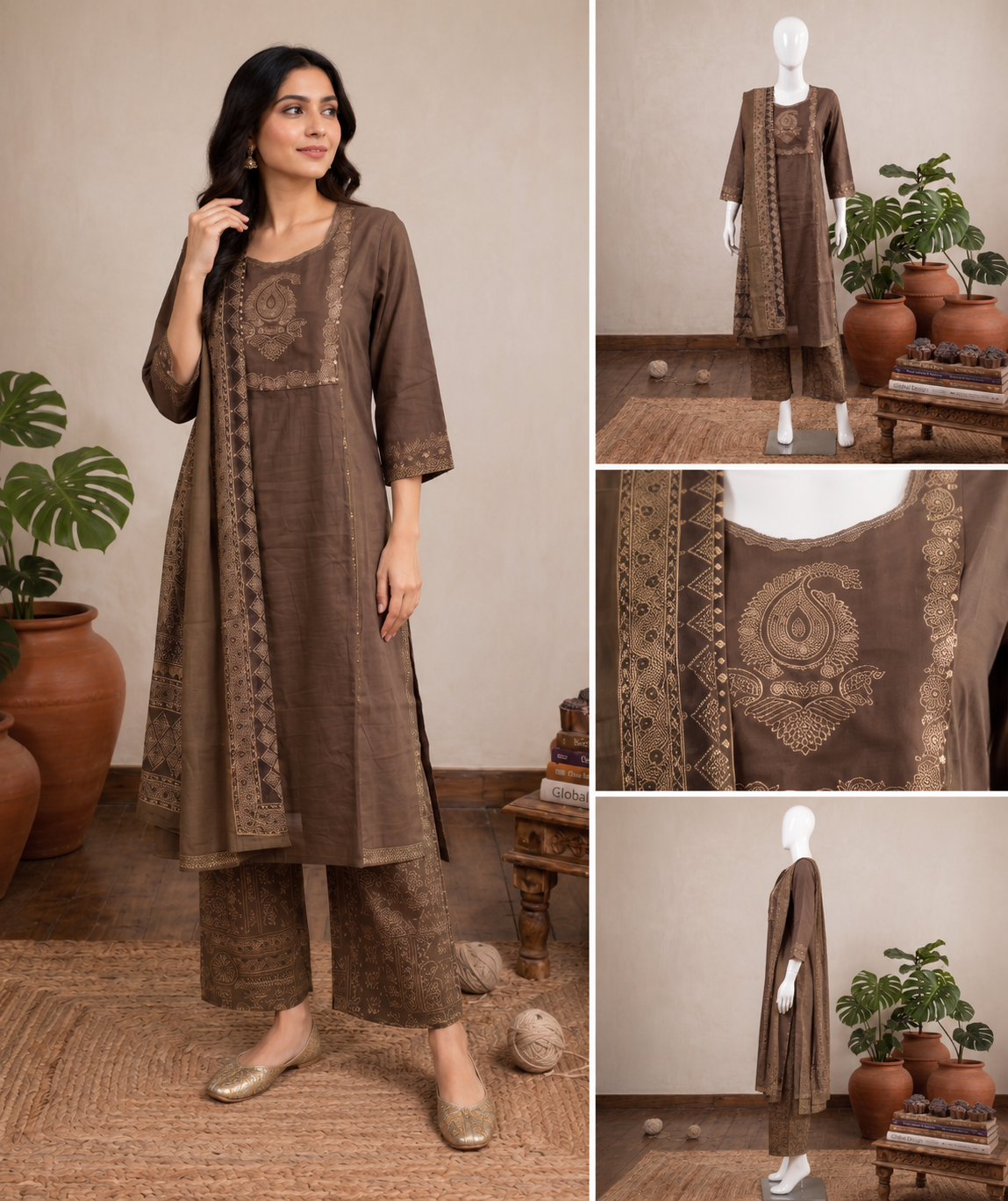 Cotton Brown Ajrakh Dupatta Set