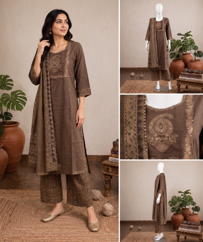 Cotton Brown Ajrakh Dupatta Set