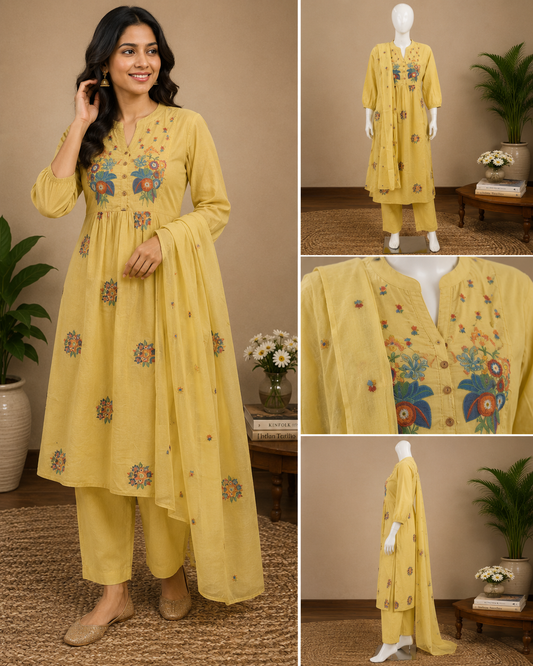 Chrome Yellow Cotton Anarkali with Dupatta Set
