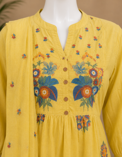 Chrome Yellow Cotton Anarkali with Dupatta Set