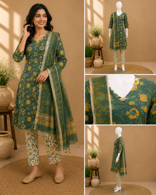 Cotton Green Dupatta Set
