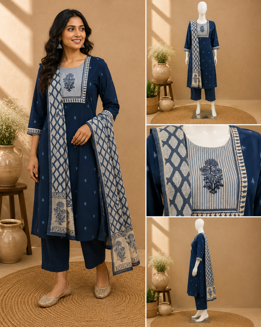 Handloom Cotton Blue Dupatta Set