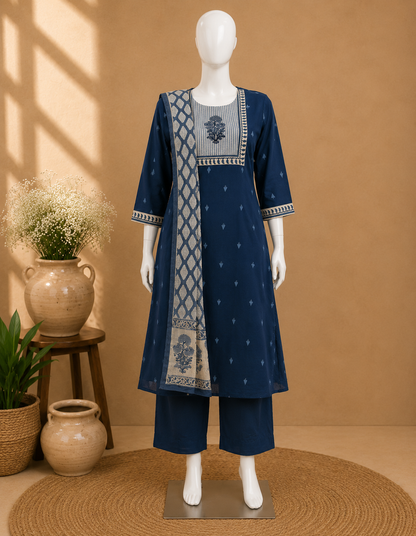 Handloom Cotton Blue Dupatta Set
