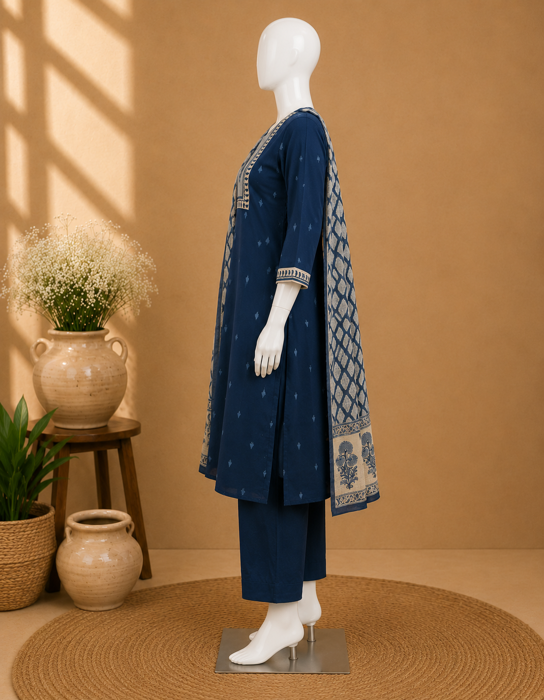 Handloom Cotton Blue Dupatta Set