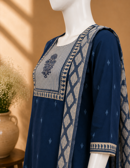 Handloom Cotton Blue Dupatta Set
