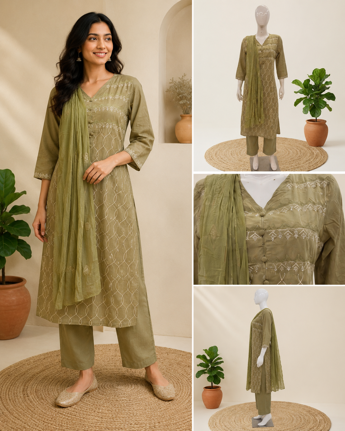 Mul Cotton Pista Green Dupatta Set