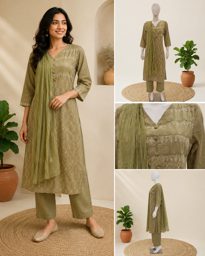 Mul Cotton Pista Green Dupatta Set