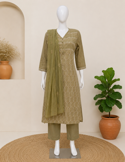 Mul Cotton Pista Green Dupatta Set
