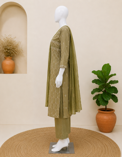 Mul Cotton Pista Green Dupatta Set