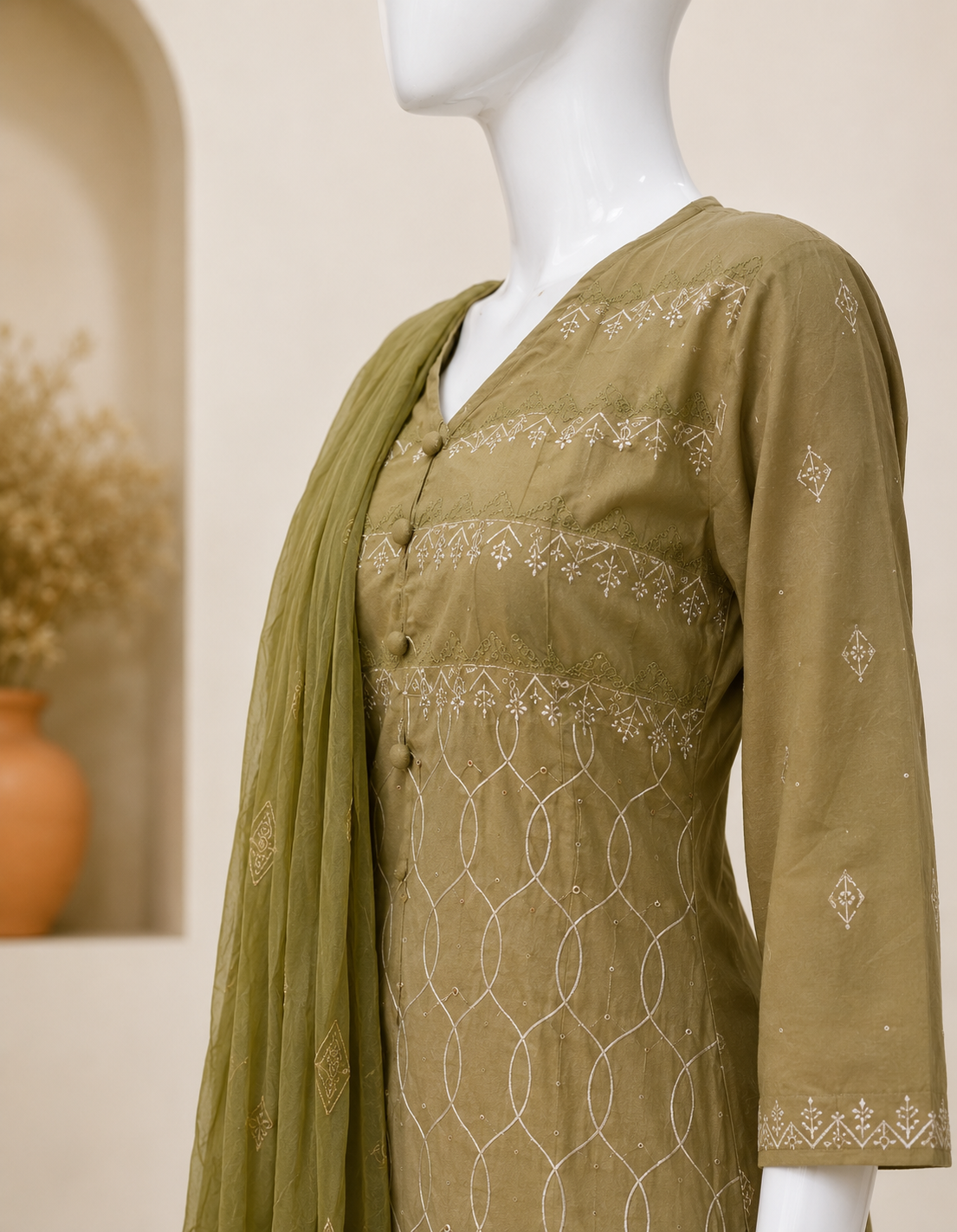 Mul Cotton Pista Green Dupatta Set