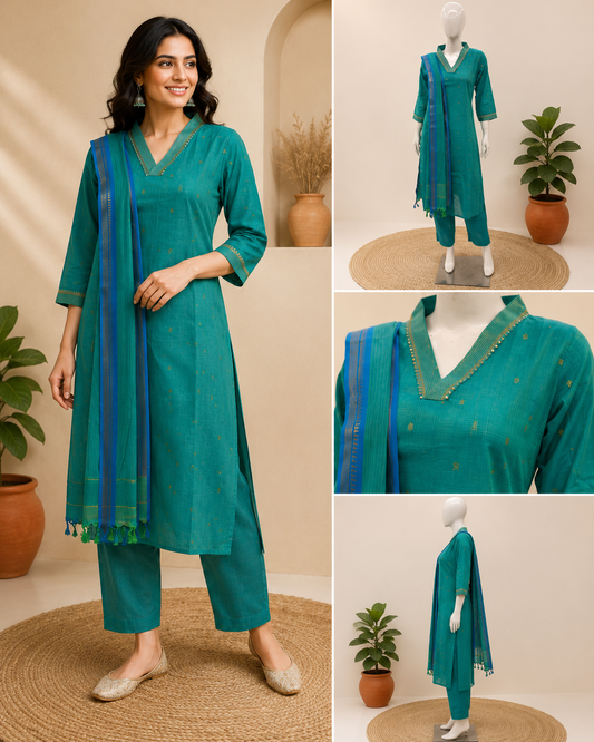 Teal Silk Cotton Kurti Set with Dupatta set