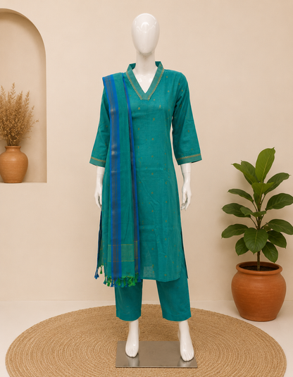 Teal Silk Cotton Kurti Set with Dupatta set
