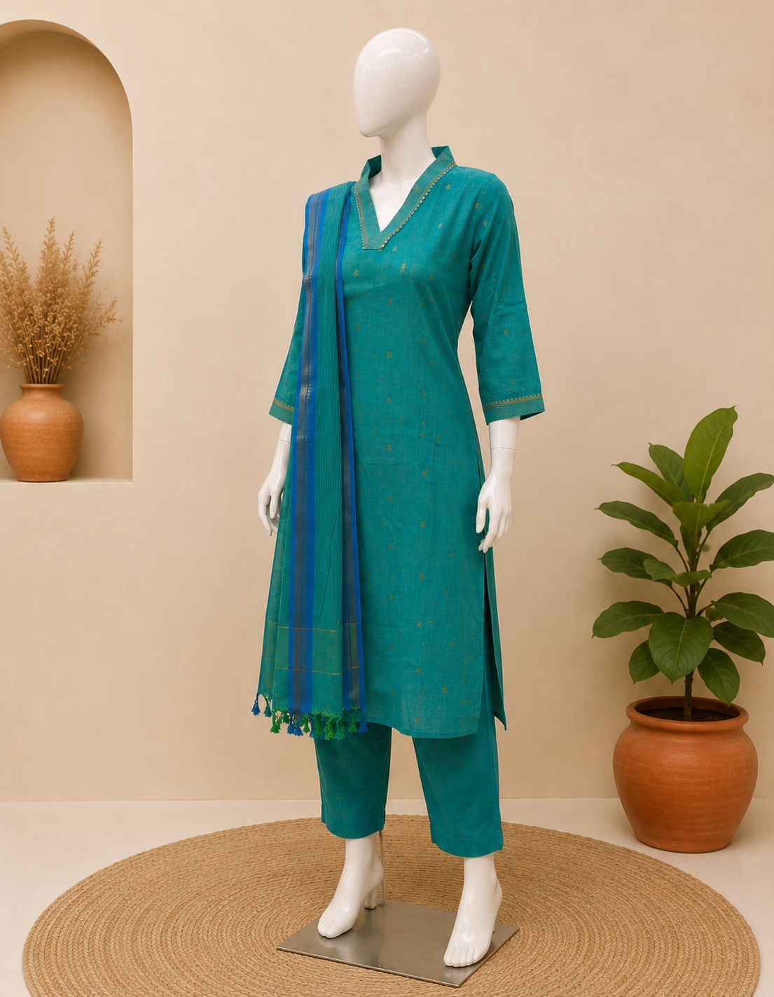 Teal Silk Cotton Kurti Set with Dupatta set