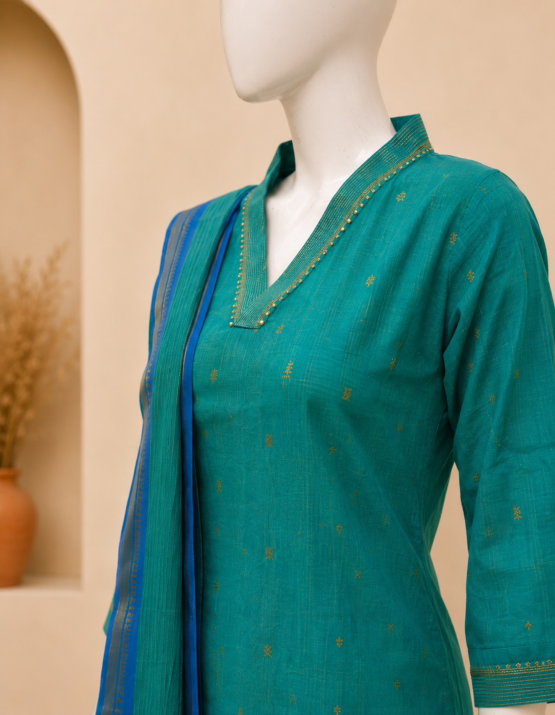 Teal Silk Cotton Kurti Set with Dupatta set
