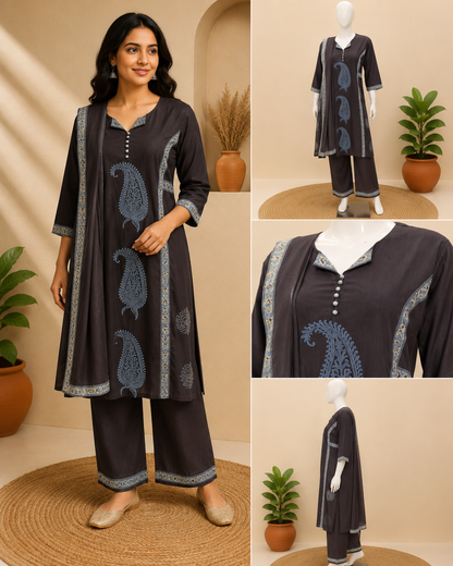 Cotton Black Collar Dupatta Set