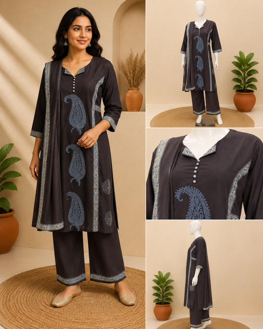 Cotton Black Collar Dupatta Set