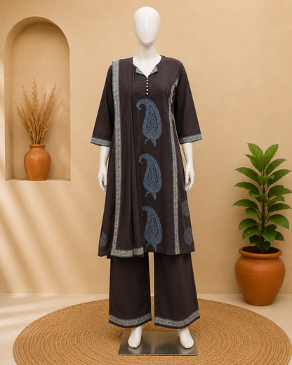Cotton Black Collar Dupatta Set