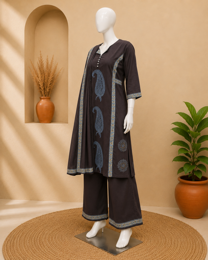 Cotton Black Collar Dupatta Set