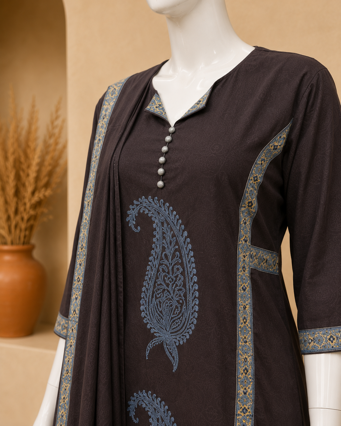 Cotton Black Collar Dupatta Set