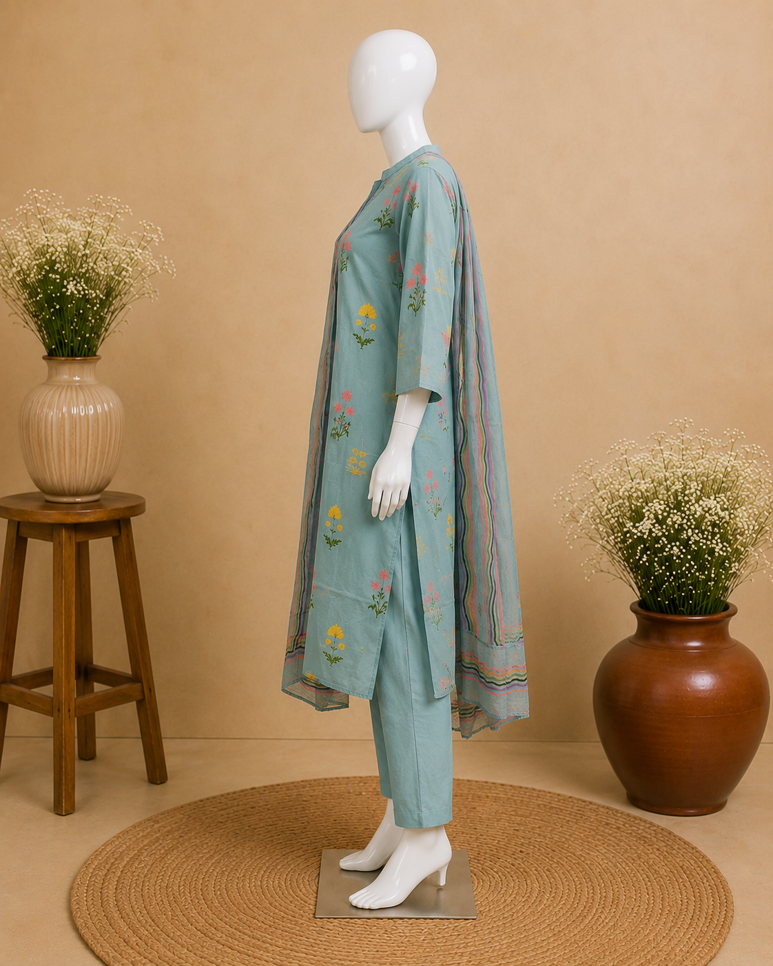 Sky Blue Floral Cotton  with Dupatta set